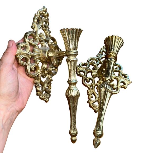 Vintage Hollywood Regency Ornate Gold Floral Scroll Cast Metal Sconces Set Of 2 - Picture 1 of 10